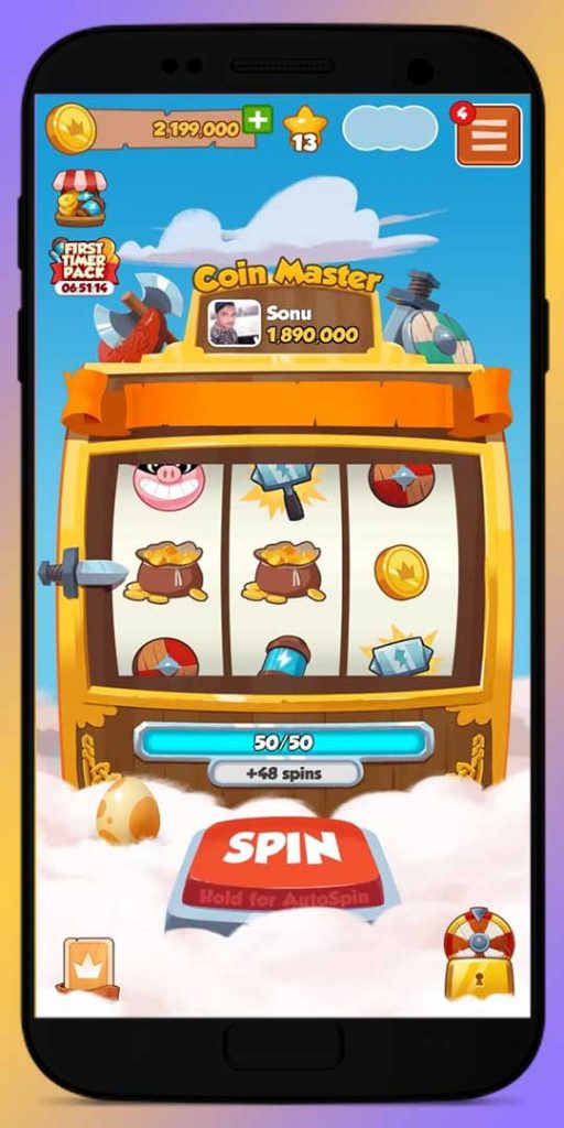 Spin Slot Machine and get free spin, coins, hammer, shield, pig robber