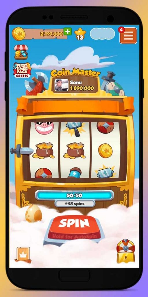 Spin Slot Machine and get free spin, coins, hammer, shield, pig robber